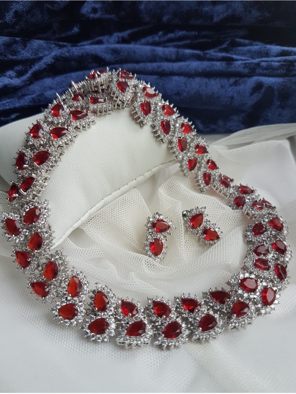 Swarovski Elements Platinum Ruby Red All-around Tennis Necklace & Earrings SET